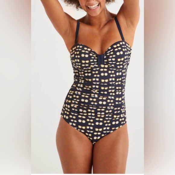 Boden Ischia Bandeau One Piece Swimsuit Navy Blue Sunglasses Print SZ 6 - Picture 1 of 6